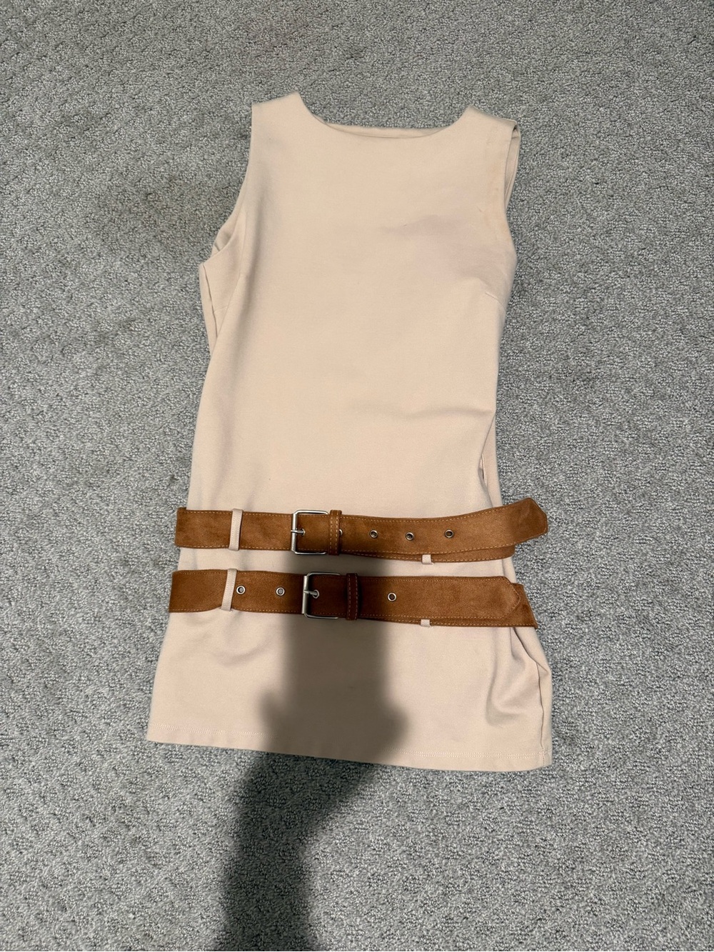 Fashion Nova Cream Mini Dress with Tan Double Belts